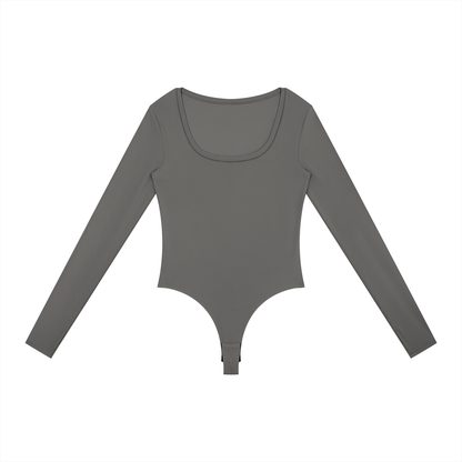 Long-Sleeve Yoga Bodysuit in Gray, front view