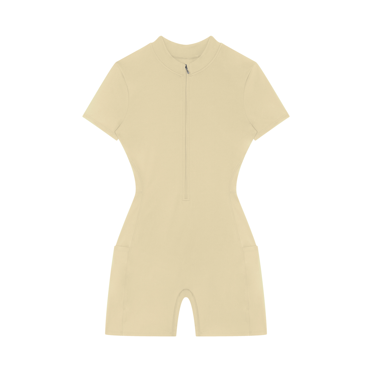 Quarter-Zip Sleeve Romper in Apricot, front view