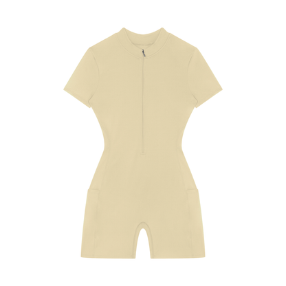 Quarter-Zip Sleeve Romper in Apricot, front view