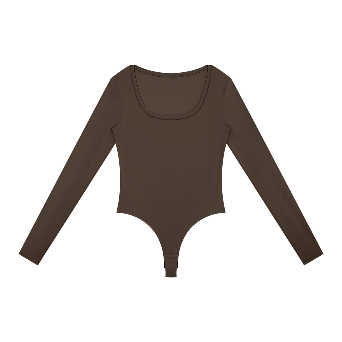 Long-Sleeve Yoga Bodysuit in Coffee, front view