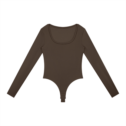 Long-Sleeve Yoga Bodysuit in Coffee, front view