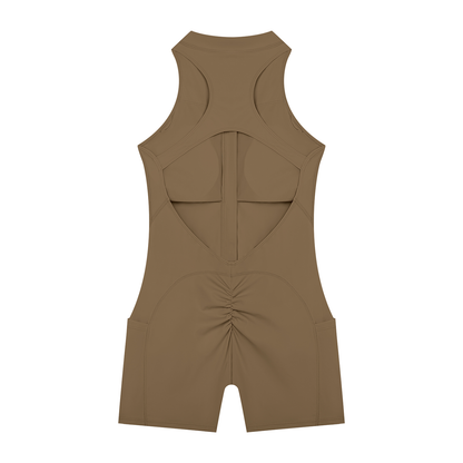 Quarter-Zip Romper in Coffee, back view