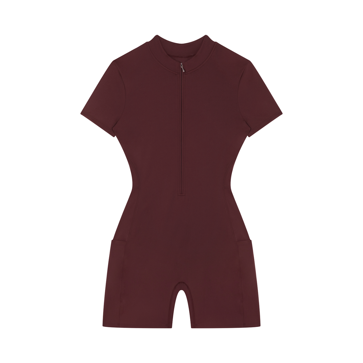 Quarter-Zip Sleeve Romper in Wine Red, front view