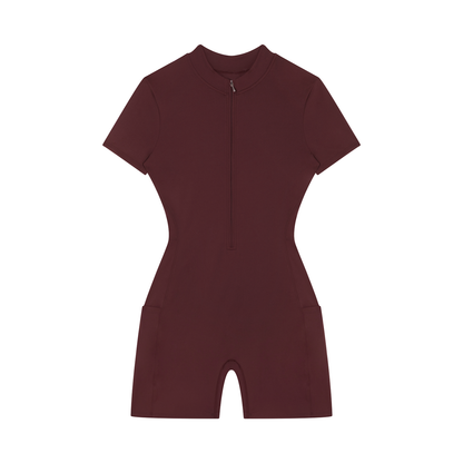 Quarter-Zip Sleeve Romper in Wine Red, front view