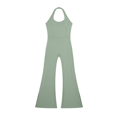 Halter Flare Jumpsuit in Gray Green, front view