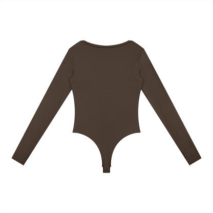 Long-Sleeve Yoga Bodysuit in Coffee, back view