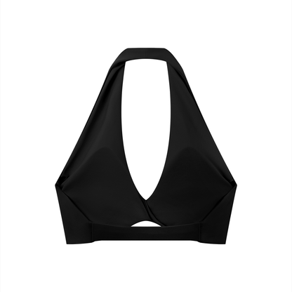 Pleated Halter Sports Bra in Black, back view
