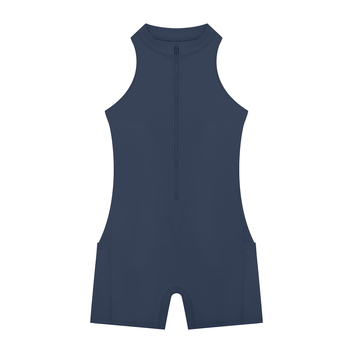 Quarter-Zip Romper in Navy Blue, front view