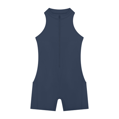 Quarter-Zip Romper in Navy Blue, front view
