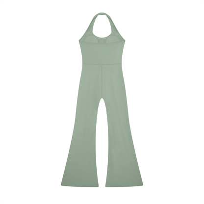 Halter Flare Jumpsuit in Gray Green, back view