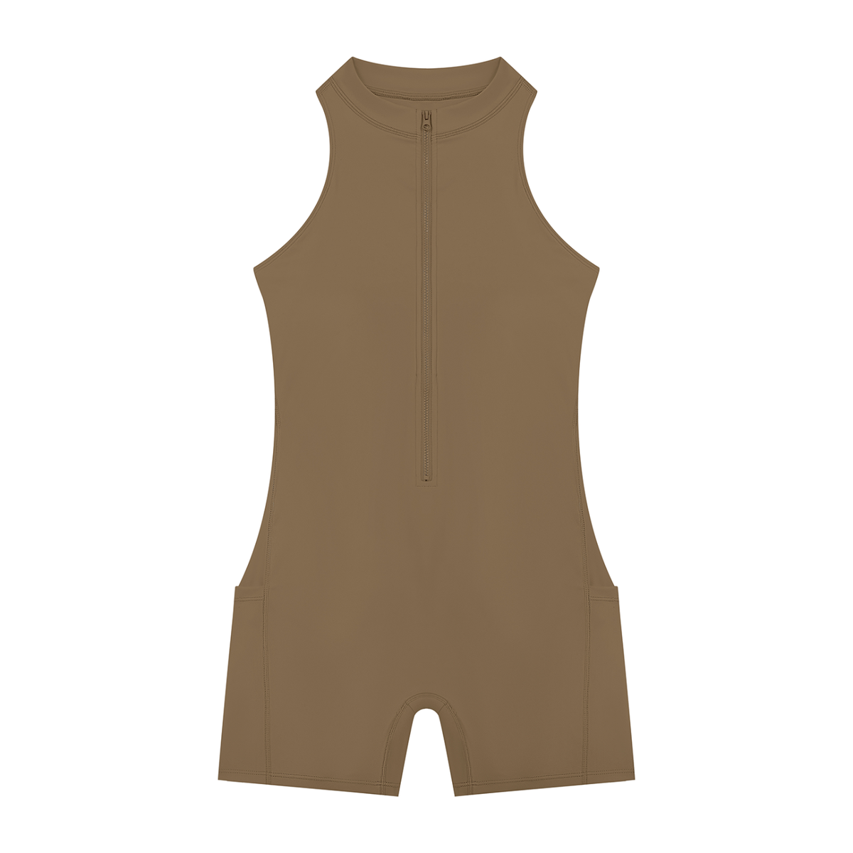 Quarter-Zip Romper in Coffee, front view