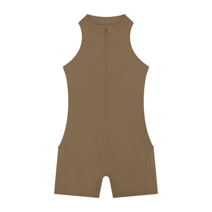 Quarter-Zip Romper in Coffee, front view
