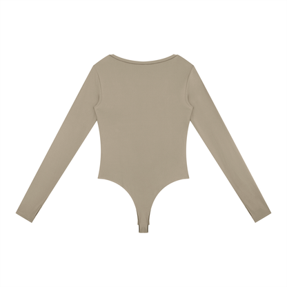 Long-Sleeve Yoga Bodysuit in Khaki, back view