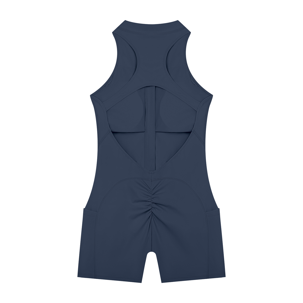 Quarter-Zip Romper in Navy Blue, back view