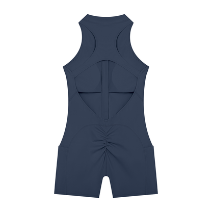 Quarter-Zip Romper in Navy Blue, back view