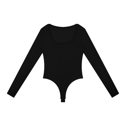 Long-Sleeve Yoga Bodysuit in Black, front view