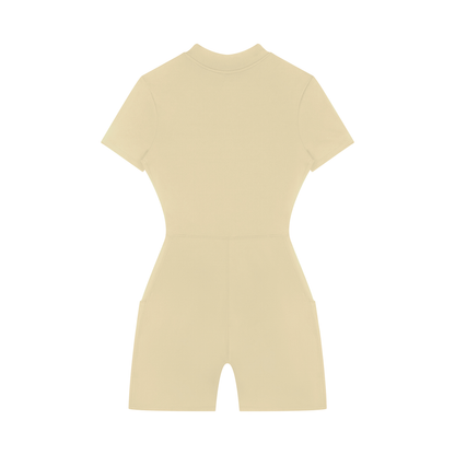 Quarter-Zip Sleeve Romper in Apricot, back view