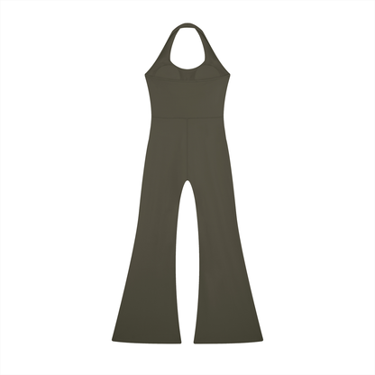 Halter Flare Jumpsuit in Army Green, back view