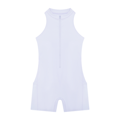 Quarter-Zip Romper in Purple, front view