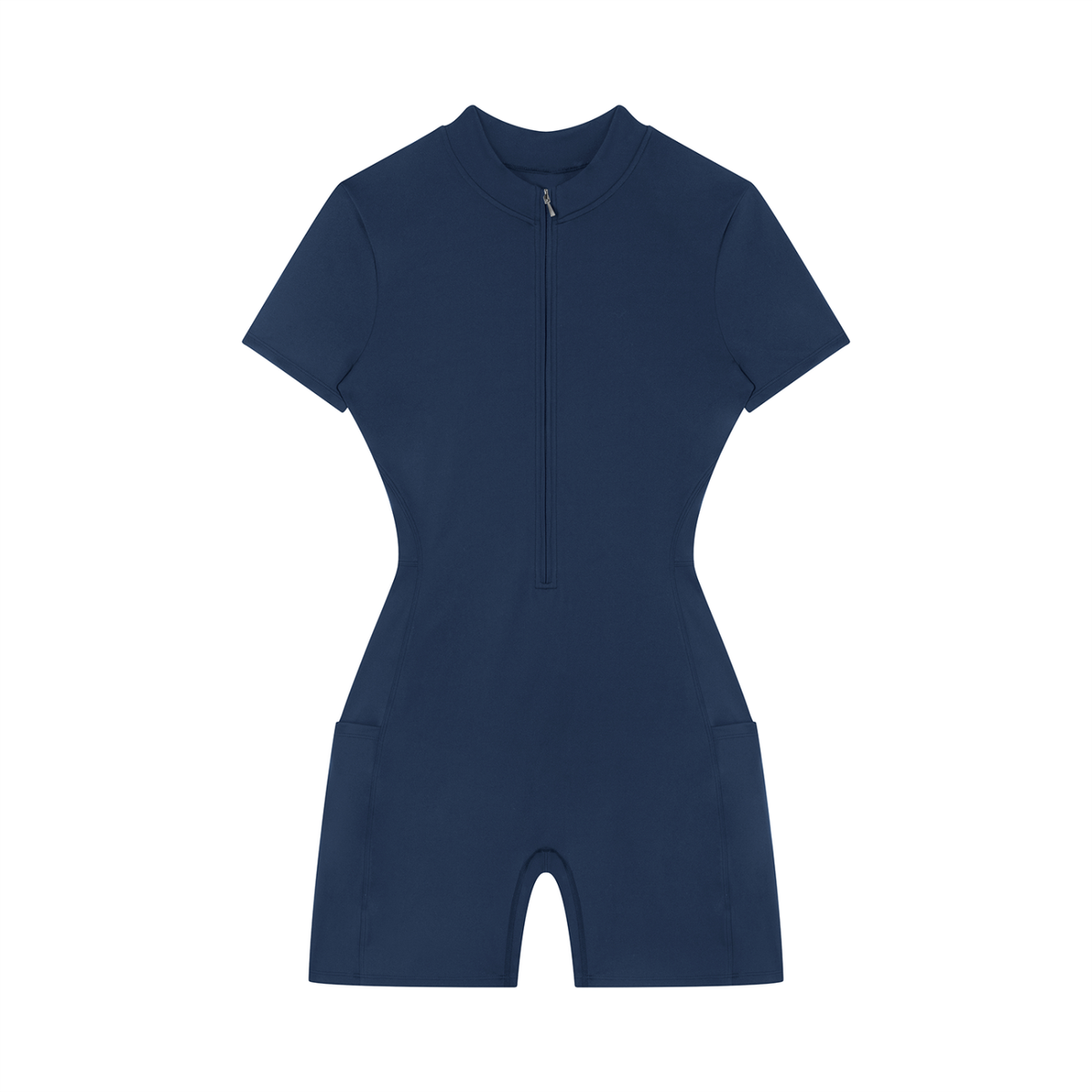 Quarter-Zip Sleeve Romper in Navy Blue, front view