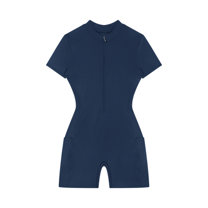 Quarter-Zip Sleeve Romper in Navy Blue, front view