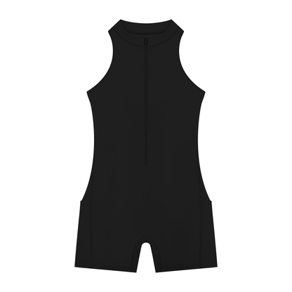 Quarter-Zip Romper in Black, front view