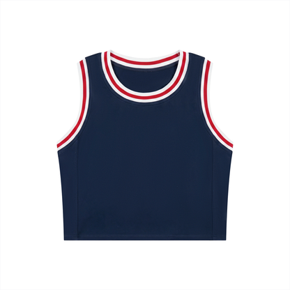 Color Block Crop Tank in Navy Blue with Red, front view