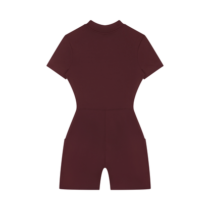 Quarter-Zip Sleeve Romper in Wine Red, back view