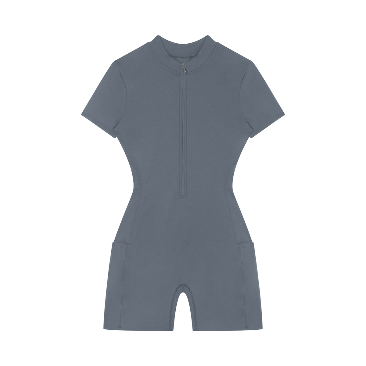 Quarter-Zip Sleeve Romper in Gray Blue, front view