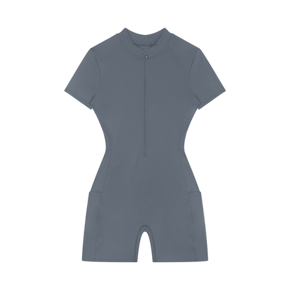 Quarter-Zip Sleeve Romper in Gray Blue, front view