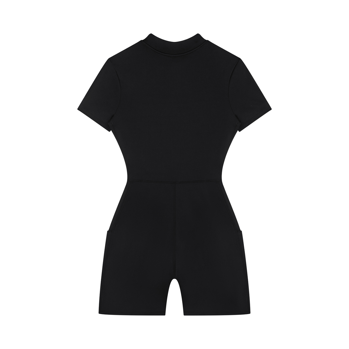 Quarter-Zip Sleeve Romper in Black, back view