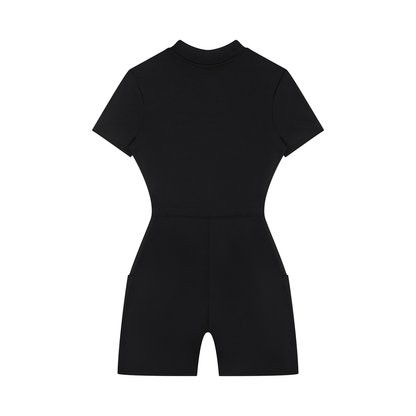 Quarter-Zip Sleeve Romper in Black, back view