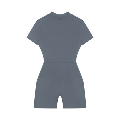 Quarter-Zip Sleeve Romper in Gray Blue, back view