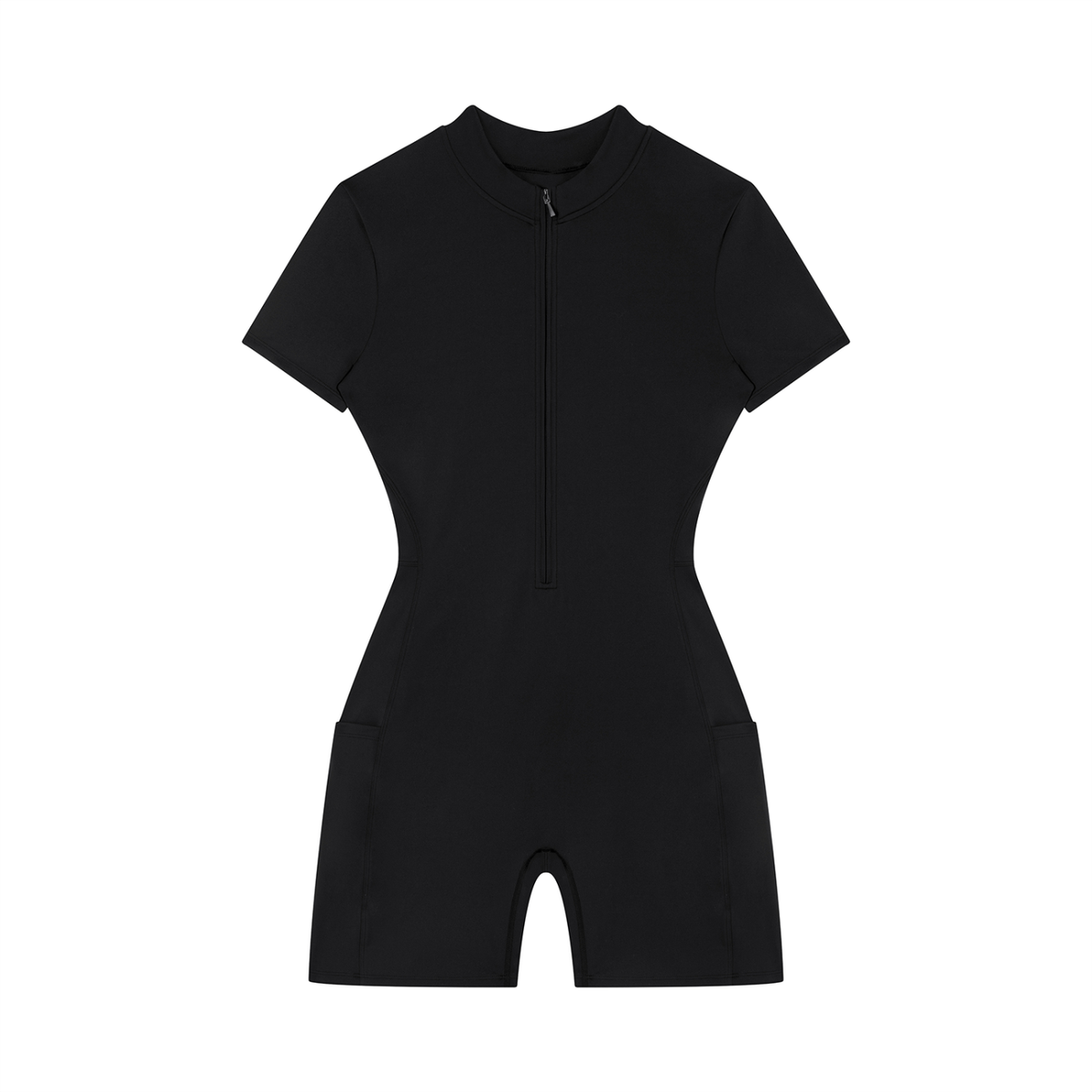 Quarter-Zip Sleeve Romper in Black, front view