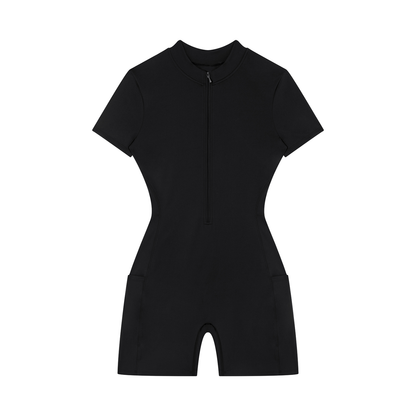 Quarter-Zip Sleeve Romper in Black, front view