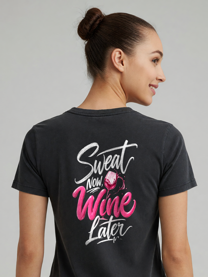 Sweat Now, Wine Later Tee in Black, worn