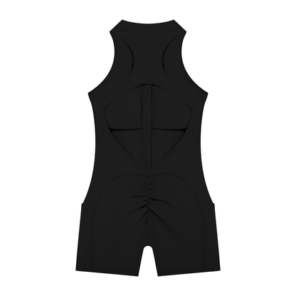 Quarter-Zip Romper in Black, back view