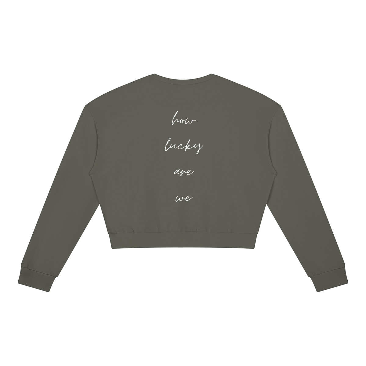 How Lucky Are We Cropped Sweatshirt in Dark Gray, back view