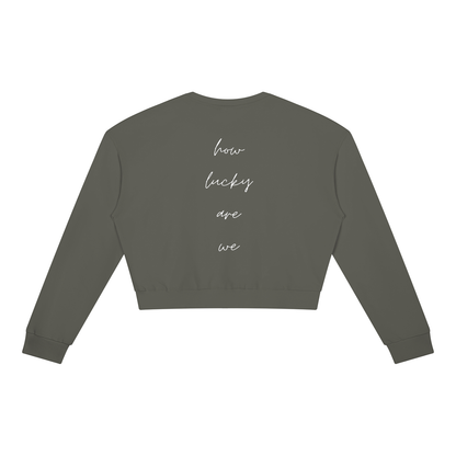 How Lucky Are We Cropped Sweatshirt in Dark Gray, back view