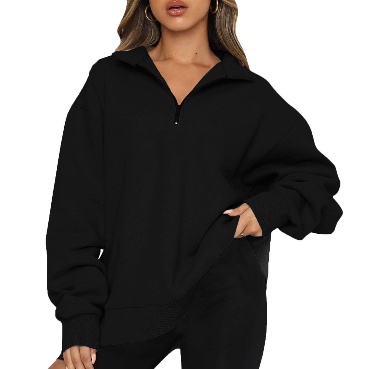 Oversized Half-Zip Pullover in Black
