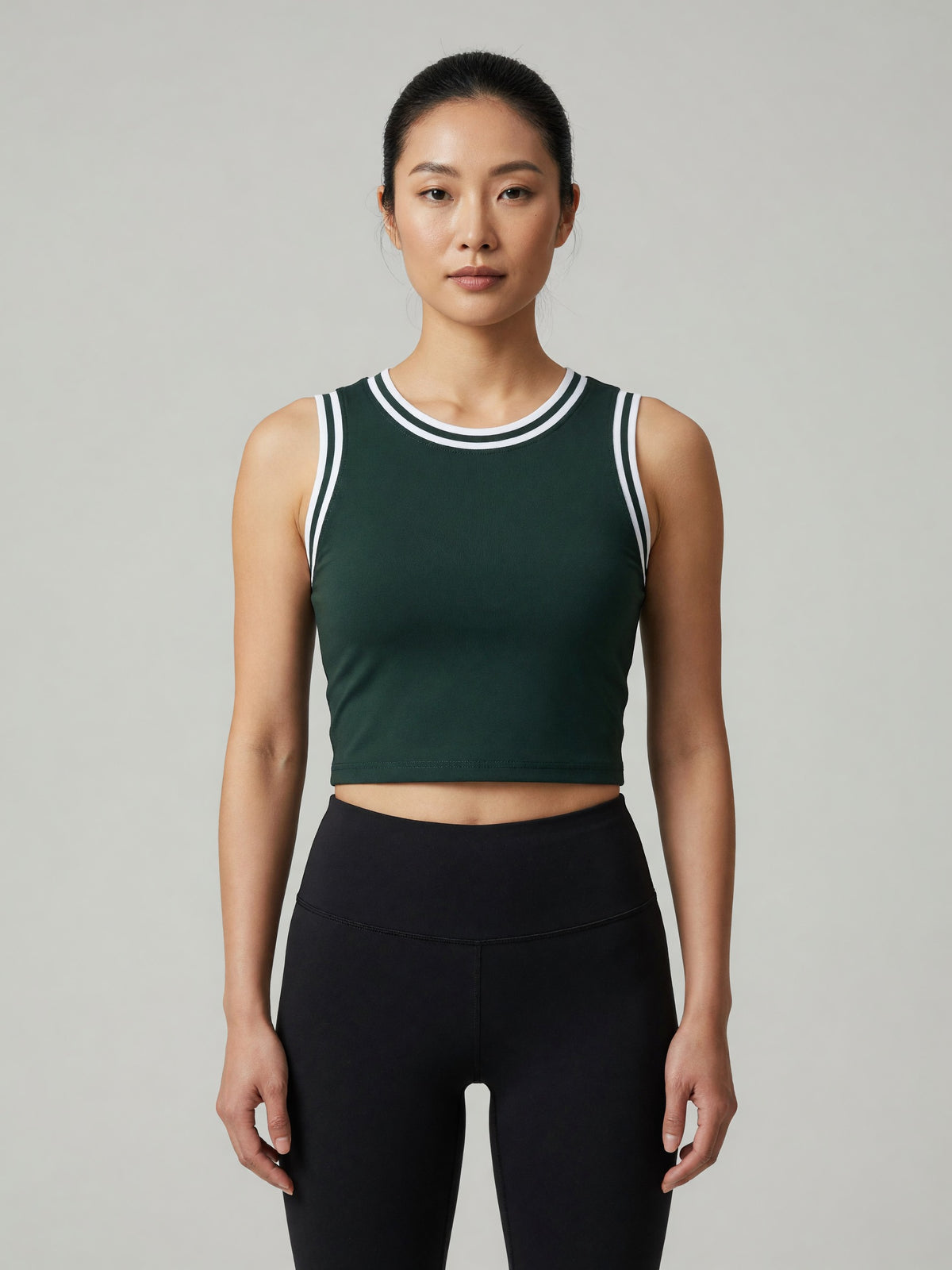 Color Block Crop Tank in Blackish Green with White, worn, front