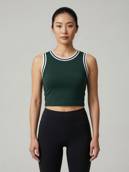 Color Block Crop Tank in Blackish Green with White, worn, front