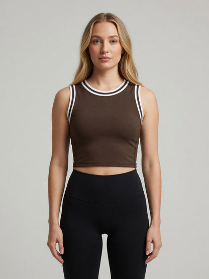 Color Block Crop Tank in Coffee with White, worn, front