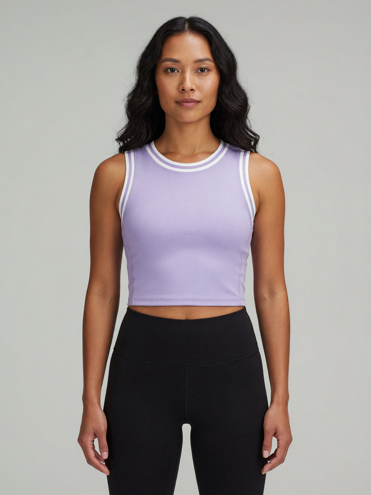 Color Block Crop Tank in Lavender with White, worn, front