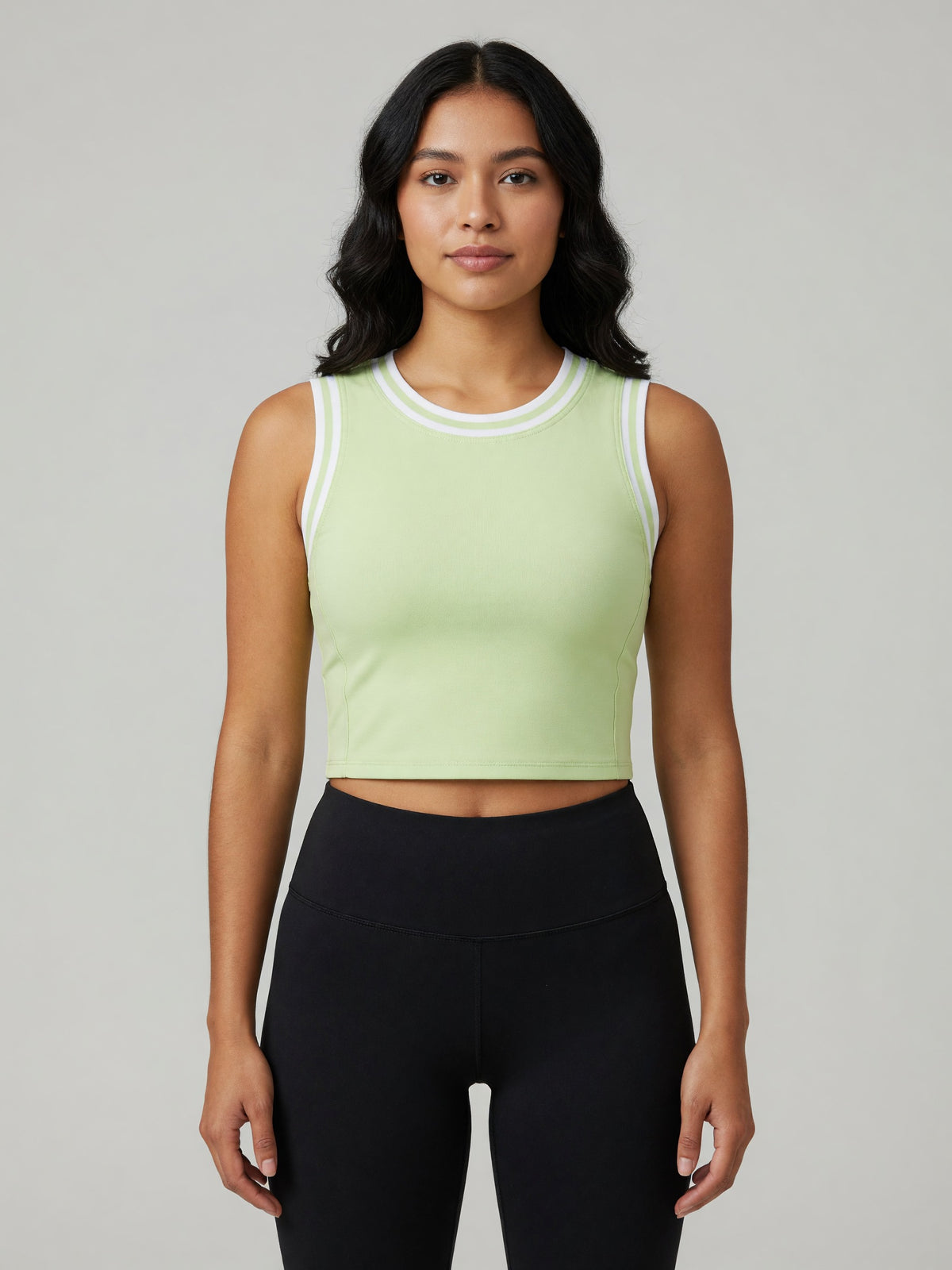 Color Block Crop Tank in Light Green with White, worn, front