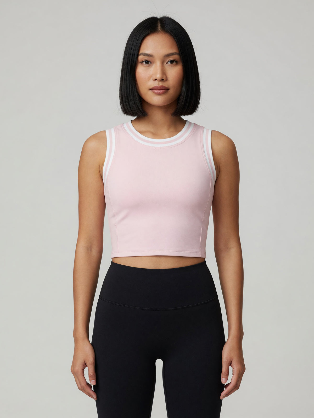 Color Block Crop Tank in Light Pink with White, worn, front