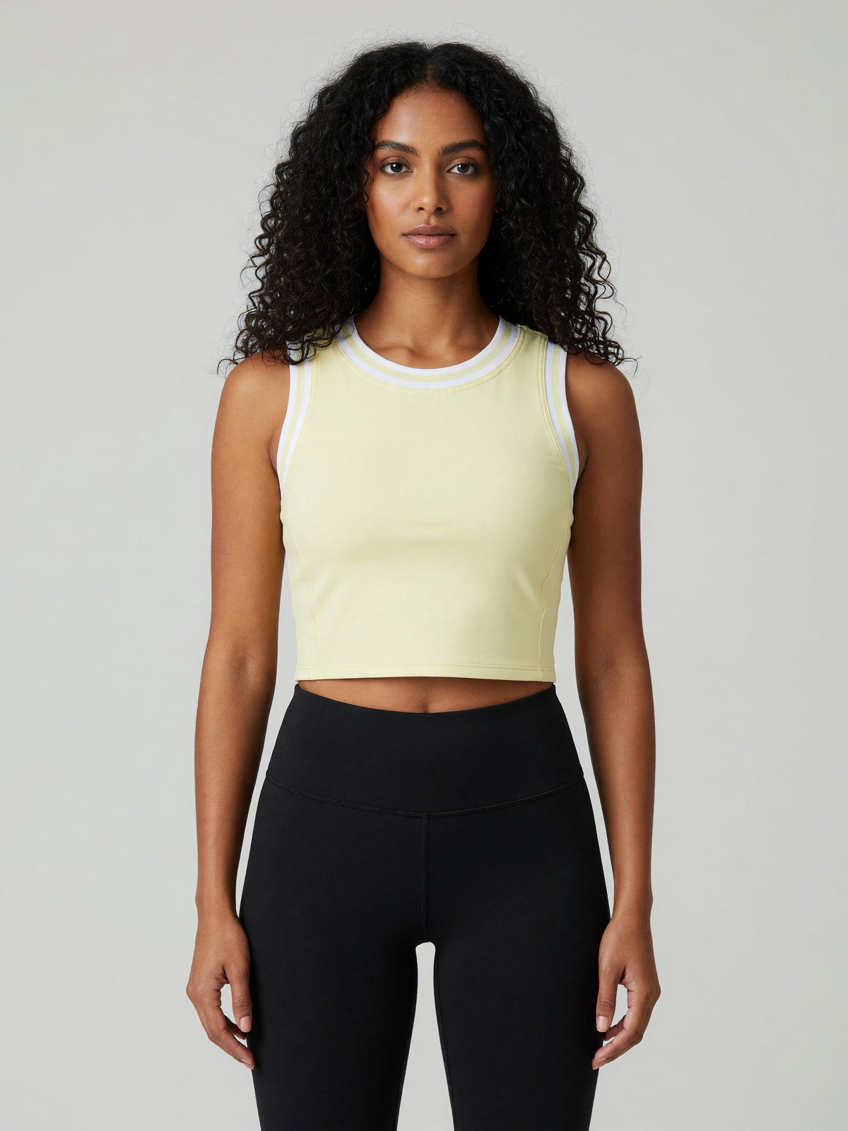 Color Block Crop Tank in Light Yellow with White, worn, front