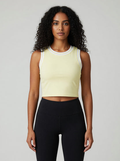 Color Block Crop Tank in Light Yellow with White, worn, front