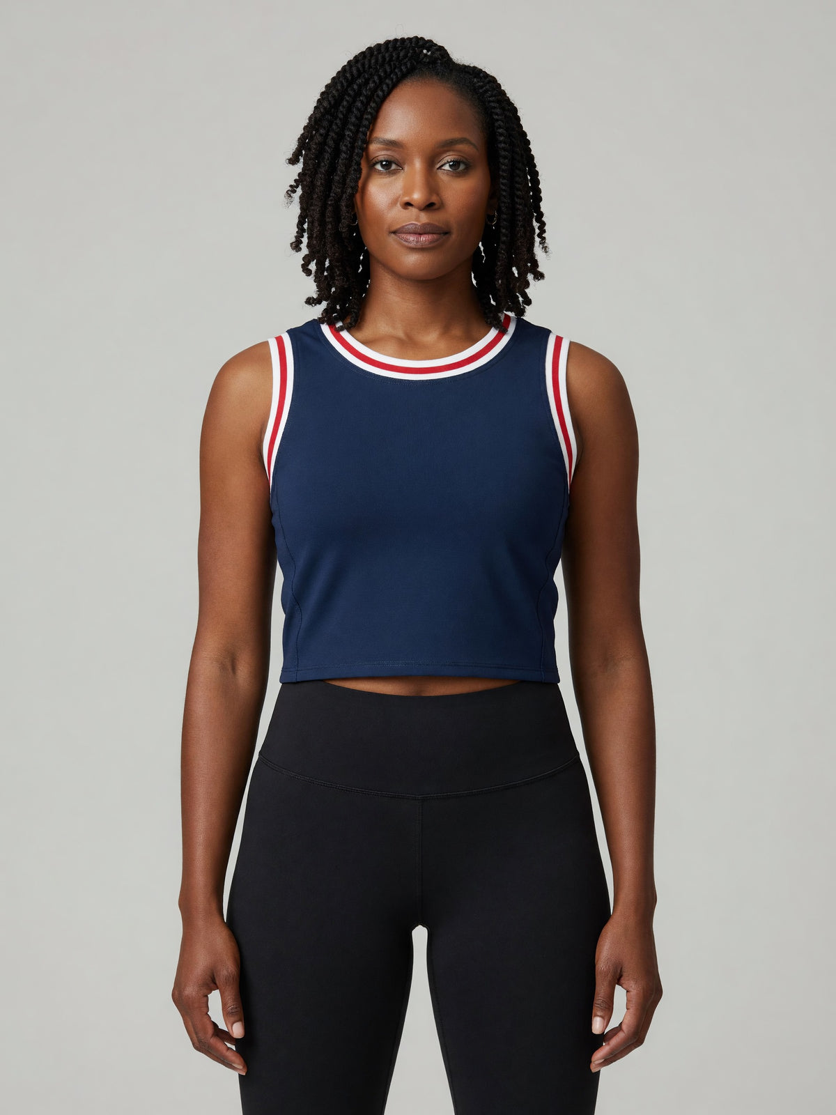 Color Block Crop Tank in Navy Blue with Red, worn, front