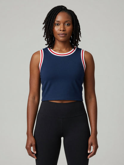Color Block Crop Tank in Navy Blue with Red, worn, front